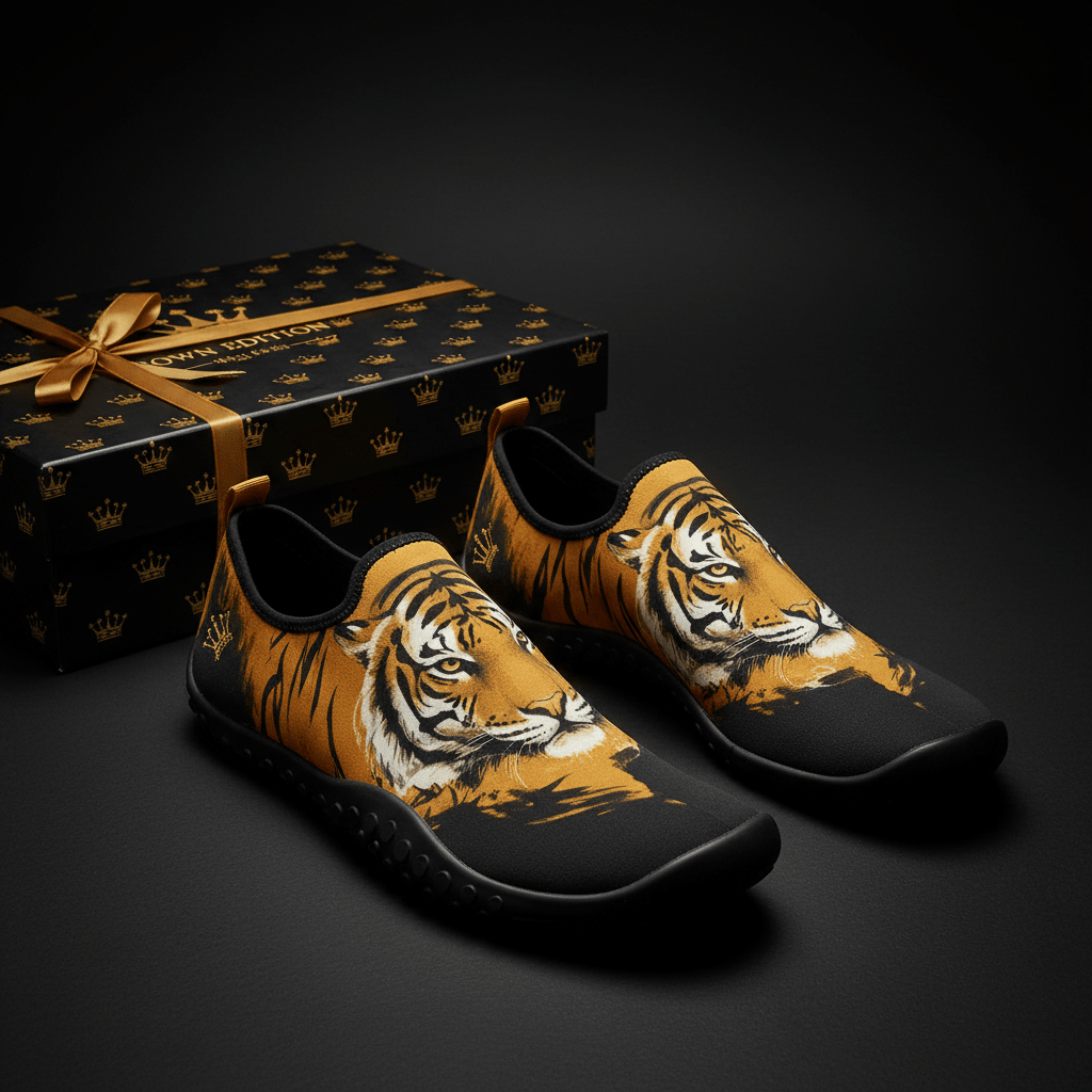 Titan Tiger Zen yoga shoes with orange tiger head art, black soles, and a matching gold-crowned gift box.