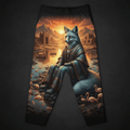 Titan lounge pants featuring a regal fox in ornate blue robes, flamingos, ancient ruins, and sunset mountain backdrop.