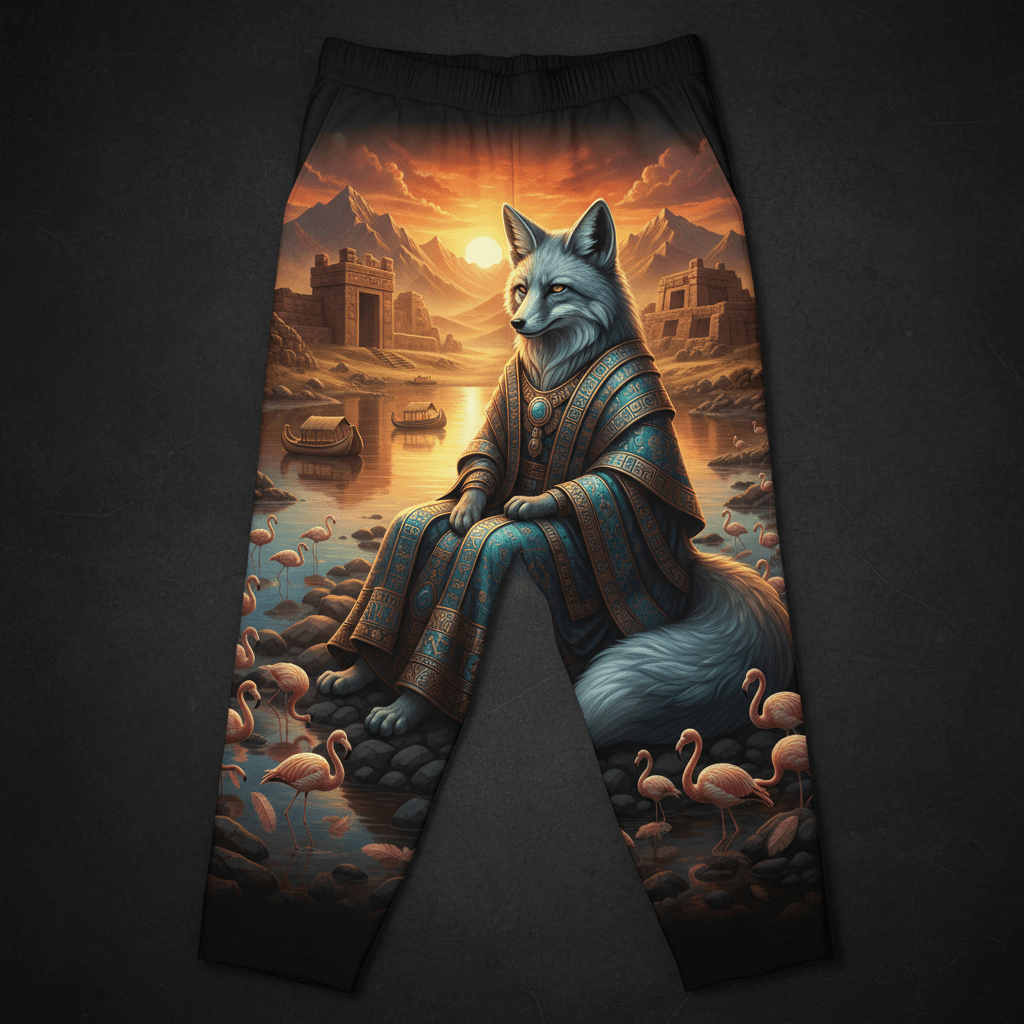 Titan lounge pants featuring a regal fox in ornate blue robes, flamingos, ancient ruins, and sunset mountain backdrop.