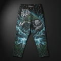 Black lounge pants featuring a majestic wolf, Mayan-style temples, lightning, and rain patterns in teal and gold.