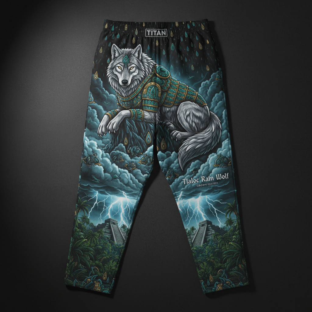 Black lounge pants featuring a majestic wolf, Mayan-style temples, lightning, and rain patterns in teal and gold.