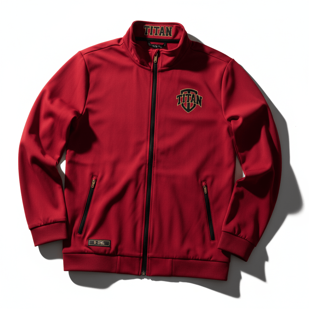 Red men's track jacket with black zipper, Titan chest logo, gold-lettered neck detail, and side zip pockets.
