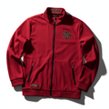 Red men's track jacket with black zipper, Titan chest logo, gold-lettered neck detail, and side zip pockets.