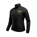 Women's black zip-up track jacket with gold TITAN logo on chest and collar, zip pockets, and elastic cuffs.