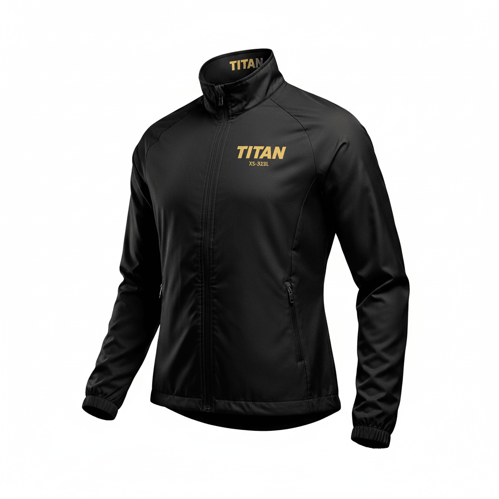 Women's black zip-up track jacket with gold TITAN logo on chest and collar, zip pockets, and elastic cuffs.