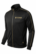 Black TITAN Softshell jacket with gold zipper, collar piping, and metallic gold logo on chest and lower pocket.