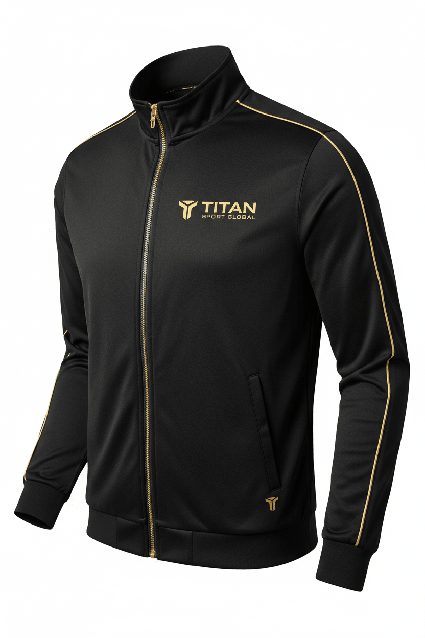 Black TITAN Softshell jacket with gold zipper, collar piping, and metallic gold logo on chest and lower pocket.