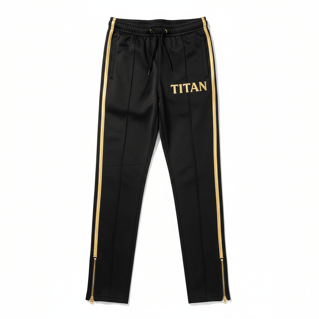 Black TITAN track pants with gold side stripes, drawcord waist, metallic leg zips, and gold "TITAN" thigh logo.