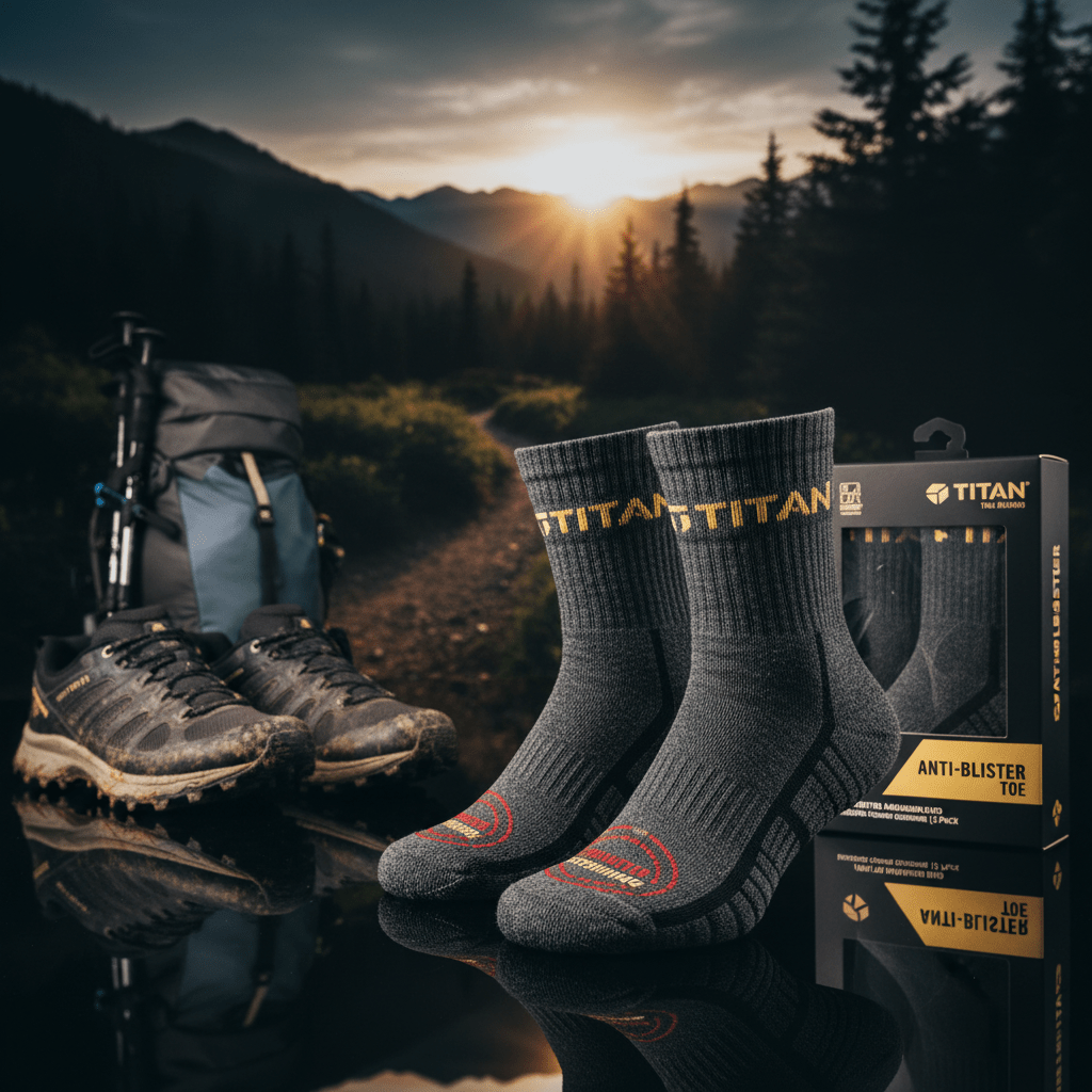 Two gray TITAN anti-blister trail running socks featuring gold branding and red toe accents, shown with product box.