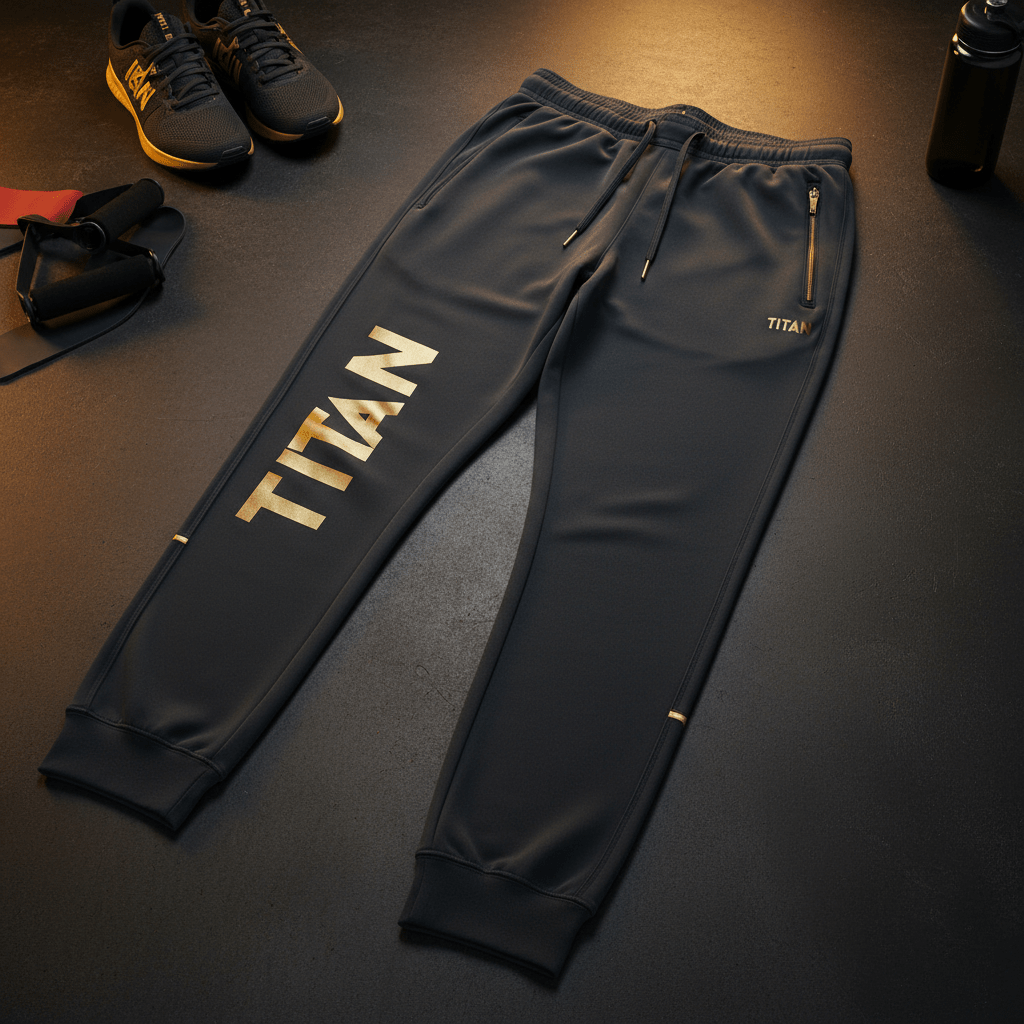 Charcoal tapered Titan training joggers with gold leg logo, zippered pockets, drawstring waist, and ribbed cuffs.