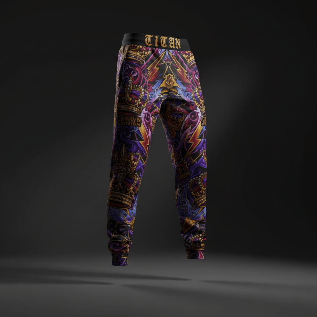 TITAN athletic joggers with purple and gold crown pattern, lightning accents, and black waistband with gold logo text.