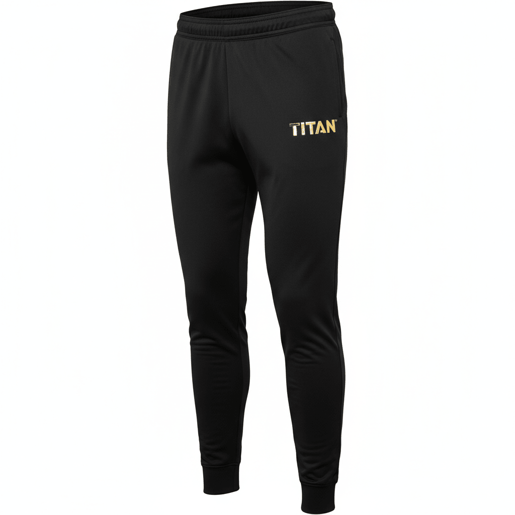 Black TITAN training joggers with an elastic waistband, ribbed cuffs, and a metallic gold TITAN logo on the left leg.