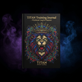 Black TITAN training journal featuring a colorful lion illustration with a crown, set against purple and blue smoke.