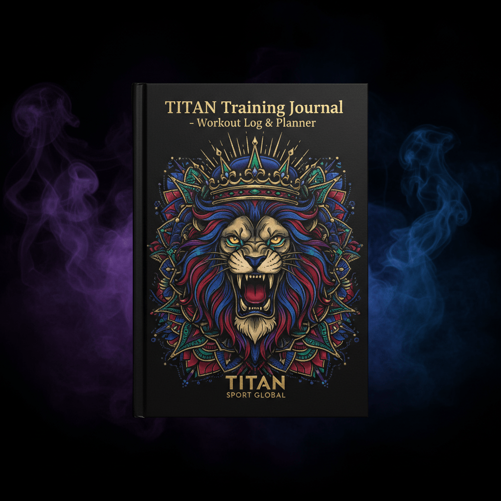 Black TITAN training journal featuring a colorful lion illustration with a crown, set against purple and blue smoke.