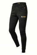 Black TITAN Sport Global joggers with gold metallic logo, zipped side pockets, and elasticated cuffs.