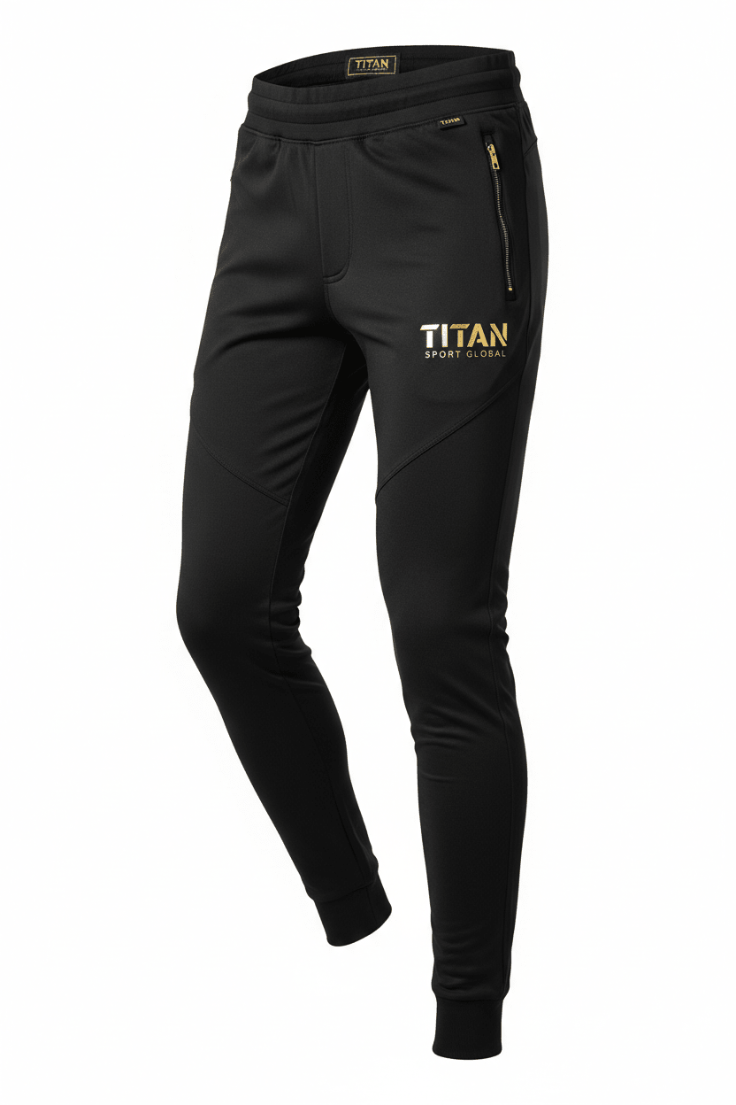 Black TITAN Sport Global joggers with gold metallic logo, zipped side pockets, and elasticated cuffs.