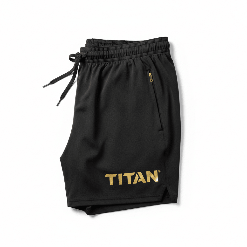 Black TITAN 7-inch training shorts with elastic drawstring waist, gold zipper pocket, and gold metallic logo.