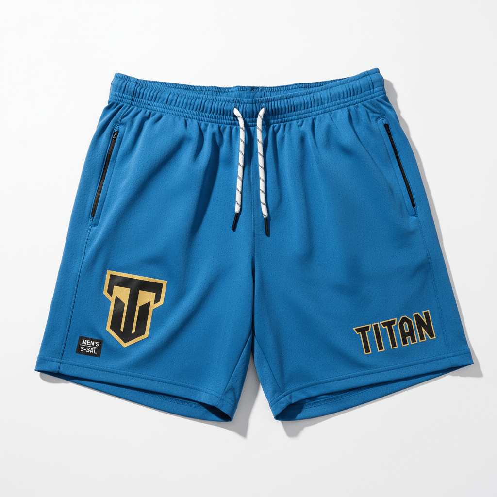 Blue TITAN 7" training shorts with black/gold logos, side zip pockets, and a white drawstring on an elastic waist.
