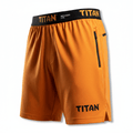 Orange 7-inch TITAN training shorts with black waistband, side zipper pocket, and black leg logo.