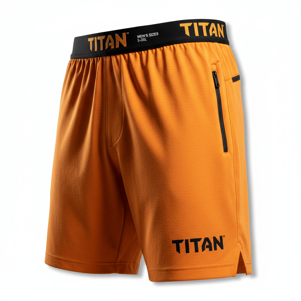 Orange 7-inch TITAN training shorts with black waistband, side zipper pocket, and black leg logo.