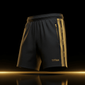 Black performance training shorts with gold side stripes, zippered pockets, and gold TITAN branding on a black background.