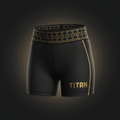 Black women’s athletic training shorts with gold side piping, a branded waistband, and gold TITAN logo on the leg.