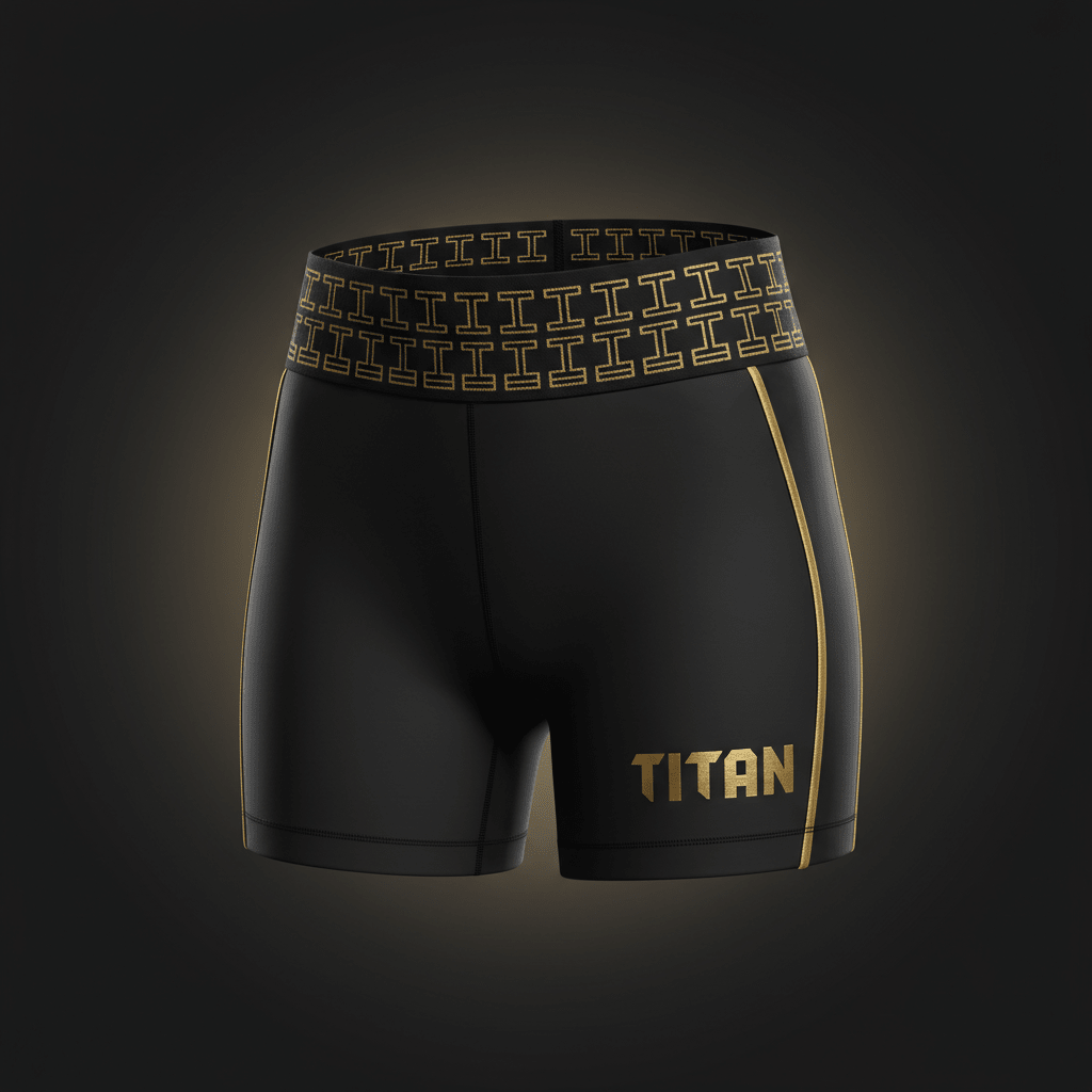 Black women’s athletic training shorts with gold side piping, a branded waistband, and gold TITAN logo on the leg.
