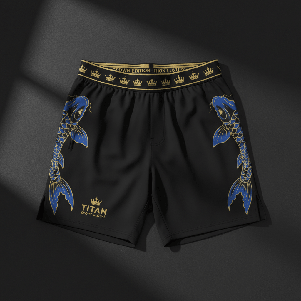 Black lightweight training shorts with blue koi fish graphics, gold trim waistband, and TITAN SPORT GLOBAL logo.