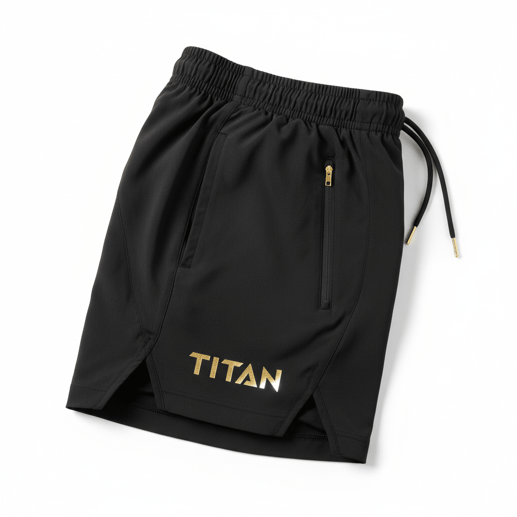 Black TITAN performance shorts with gold logo, side zip pocket, drawstring waist, and vented hem on a white background.