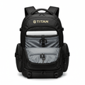Black TITAN Explorer travel backpack with open front pocket, interior grey lining, laptop sleeve, and key clip.