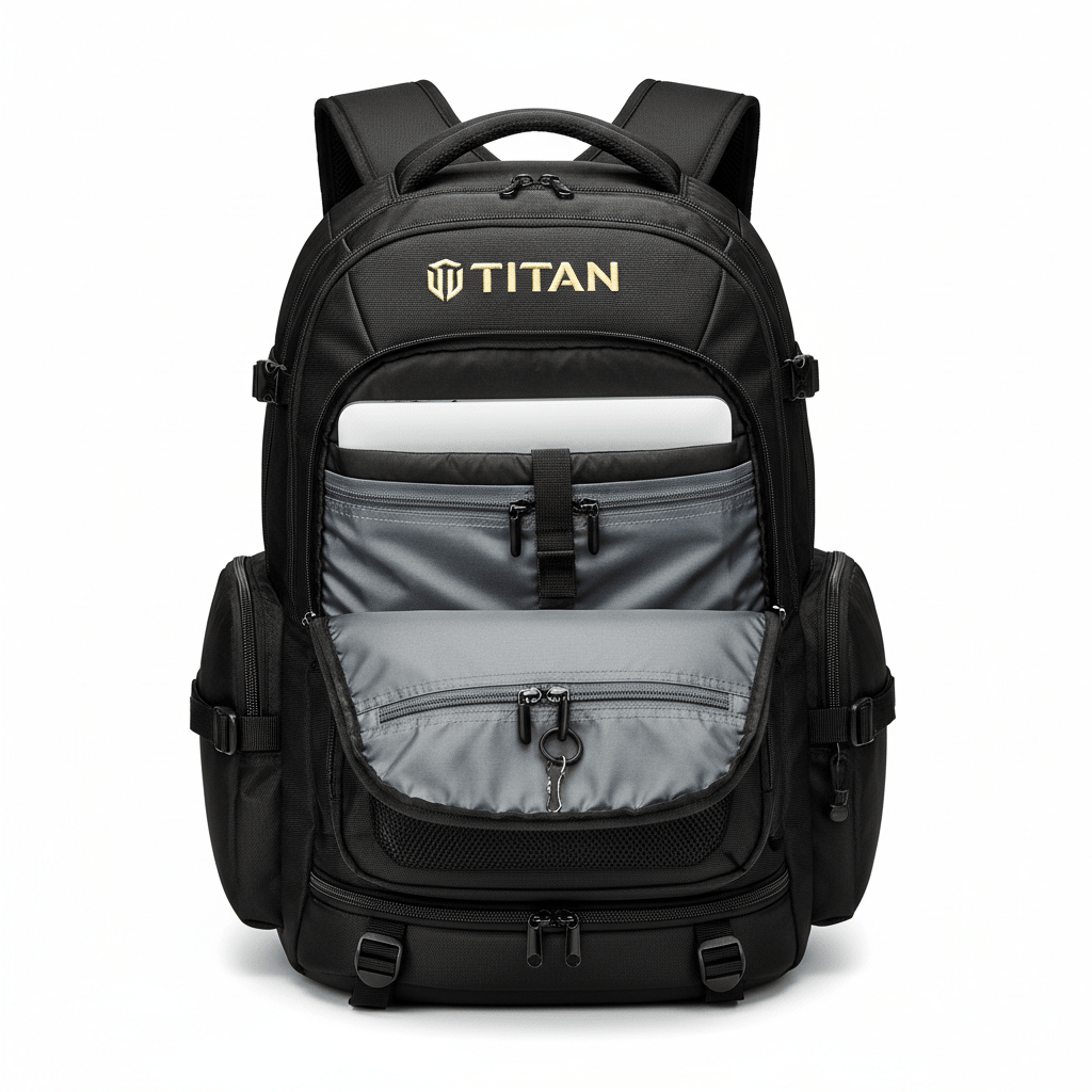 Black TITAN Explorer travel backpack with open front pocket, interior grey lining, laptop sleeve, and key clip.
