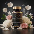 TITAN Tremella Mushroom supplement bottle, black label with gold text, surrounded by roses, white flowers, and water.