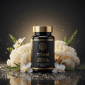 Black bottle with gold cap and label, labeled TITAN Tremella Mushroom, surrounded by white flowers and water droplets.
