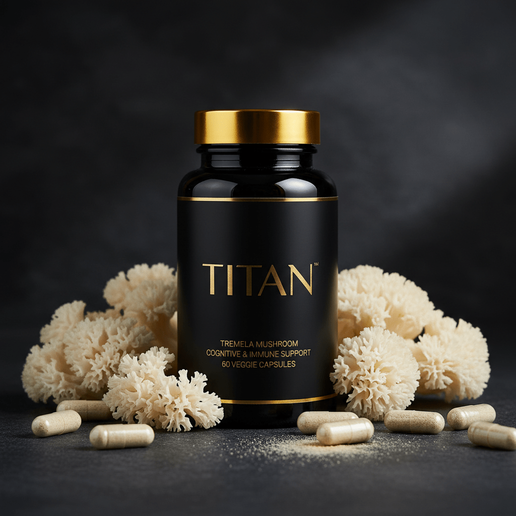 Black Titan Tremella mushroom supplement bottle with gold cap and text, surrounded by white mushrooms and capsules.