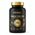 Black bottle of Titan Tribulus Terrestris 1500mg with gold cap, branding, botanical graphics, and supplement info.