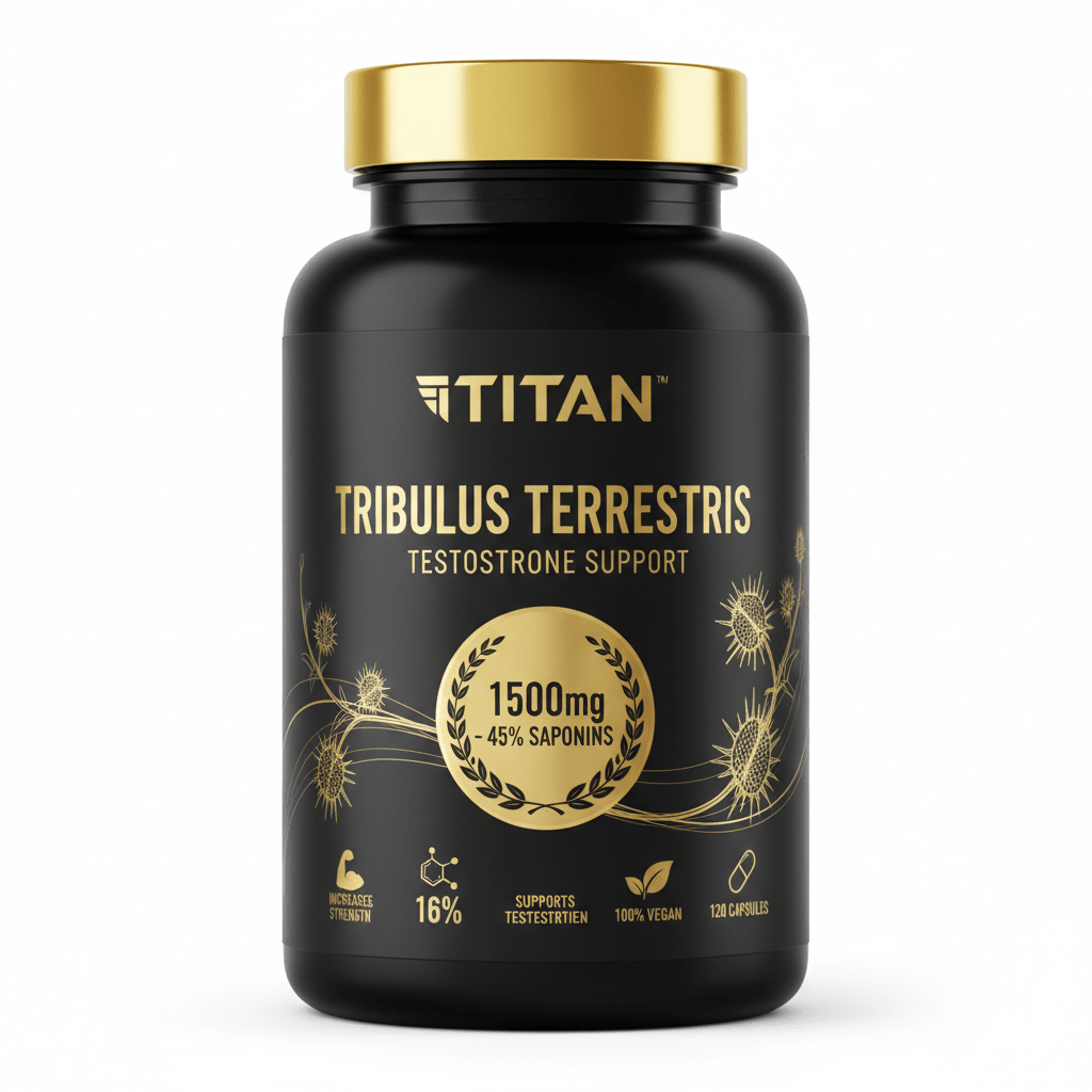 Black bottle of Titan Tribulus Terrestris 1500mg with gold cap, branding, botanical graphics, and supplement info.