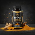 Black bottle of TITAN Turmeric Curcumin 1500mg, gold branding, surrounded by turmeric roots and powder on black surface.