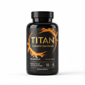Black bottle of TITAN Turmeric Curcumin with gold text, 180 capsules, featuring a swirling turmeric root graphic.