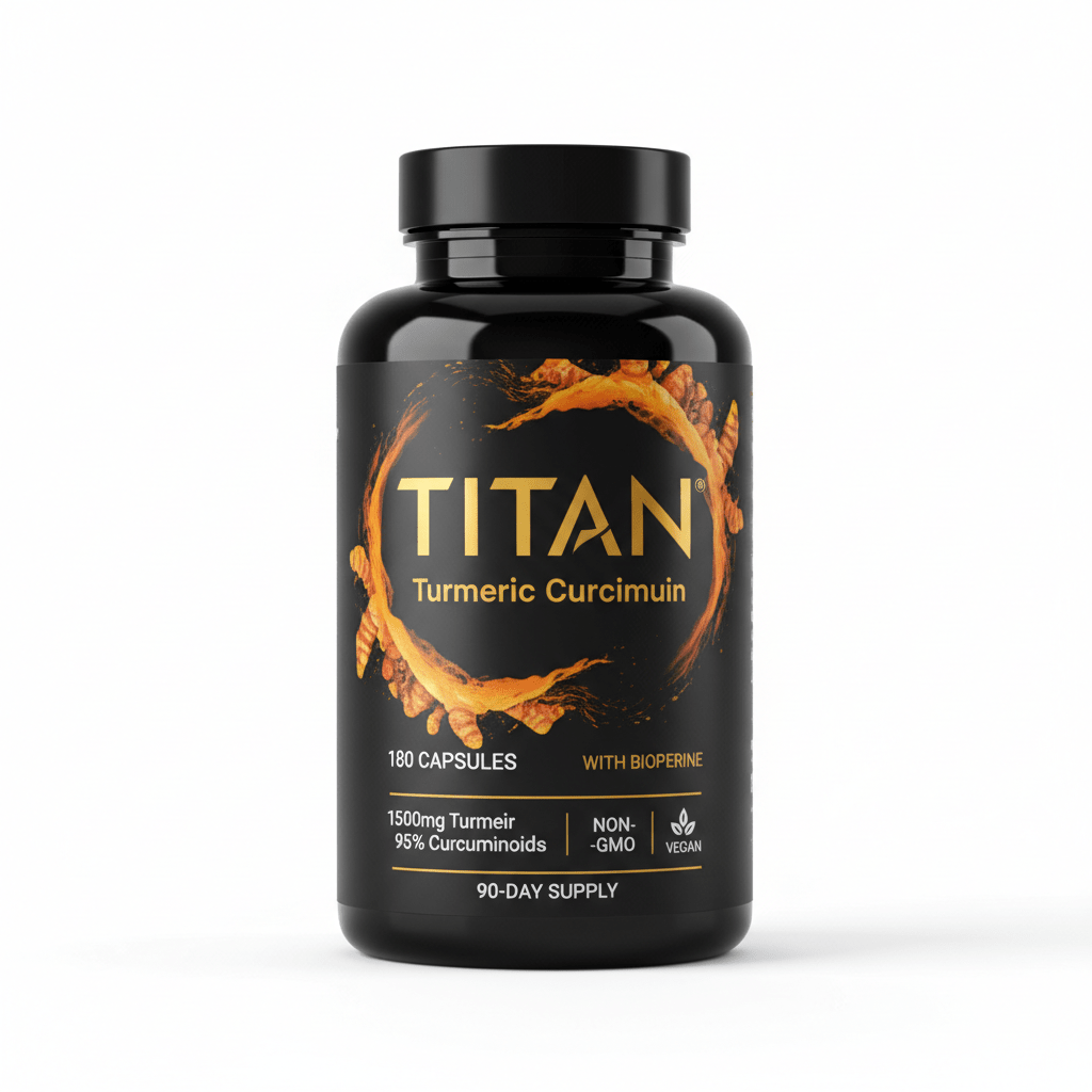 Black bottle of TITAN Turmeric Curcumin with gold text, 180 capsules, featuring a swirling turmeric root graphic.