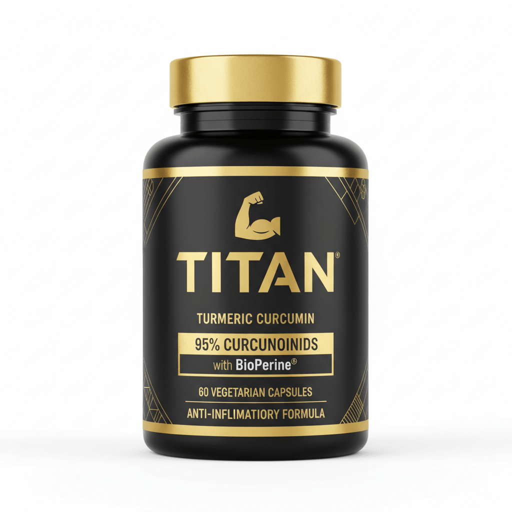 Black bottle of Titan Turmeric Curcumin with gold cap, branding, and text details on a white background.