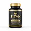 Black bottle of Titan Turmeric Curcumin with gold cap, branding, and text details on a white background.