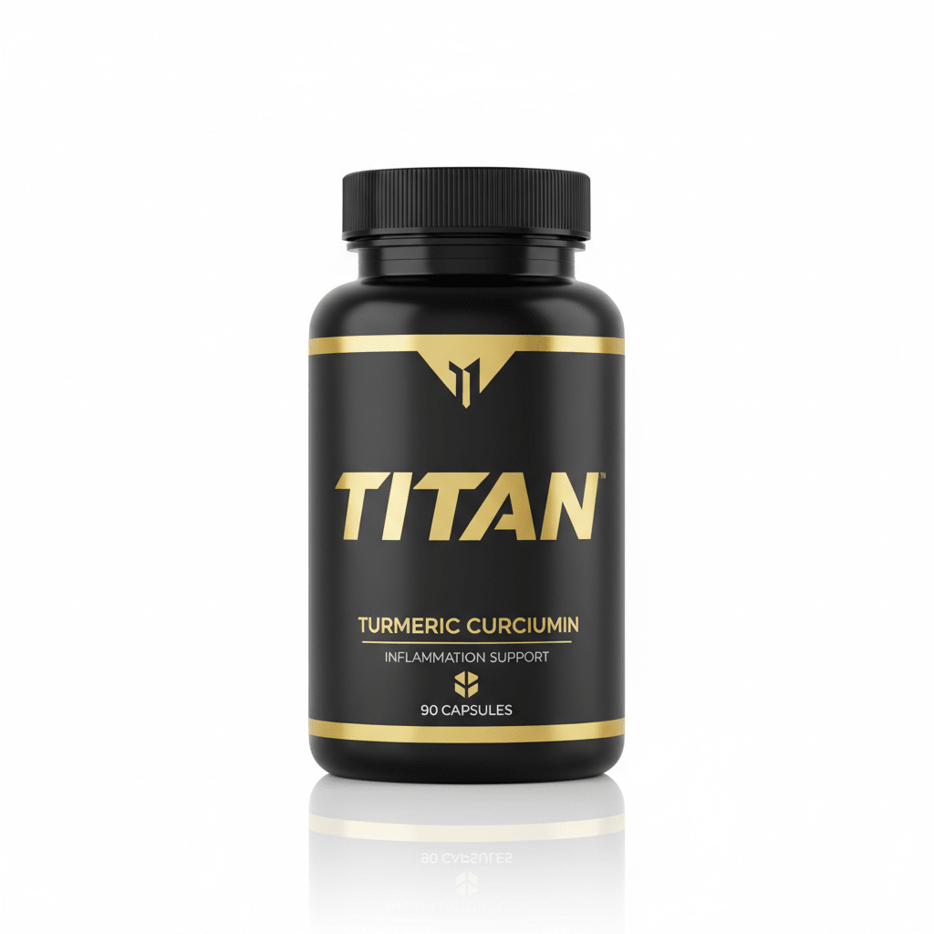 Black bottle of TITAN Turmeric Curcumin with gold text, branding, and "90 Capsules" on a white background.