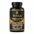 TITAN Turmeric Curcumin supplement bottle, black with gold text, featuring a turmeric powder swirl design.
