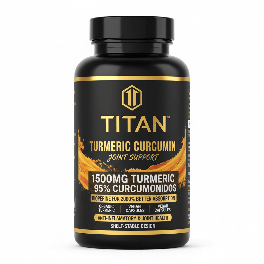 TITAN Turmeric Curcumin supplement bottle, black with gold text, featuring a turmeric powder swirl design.