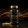 Black supplement bottle with gold cap and label, "TITAN Turmeric Curcumin," surrounded by yellow capsules on reflection.