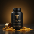Black bottle of TITAN Turmeric Curcumin with gold text and cap, surrounded by yellow capsules on a dark surface.