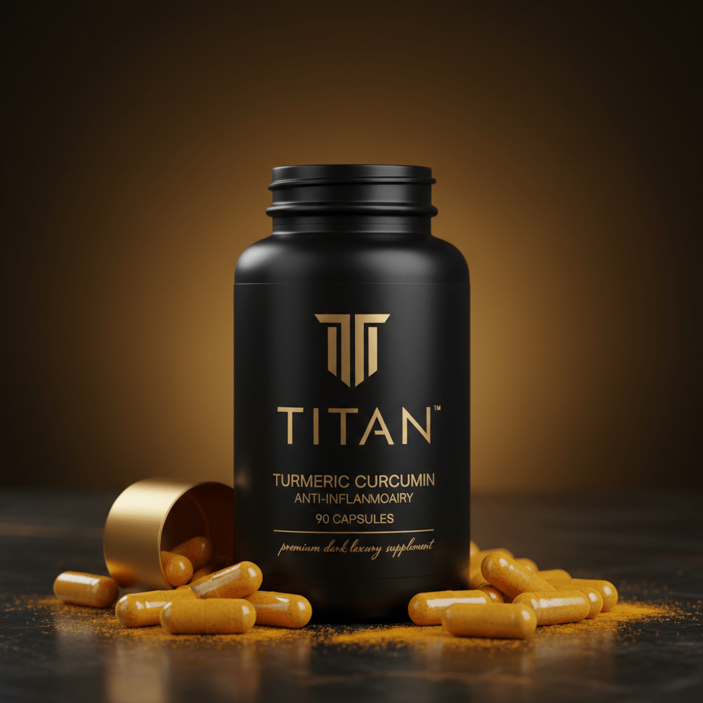 Black bottle of TITAN Turmeric Curcumin with gold text and cap, surrounded by yellow capsules on a dark surface.