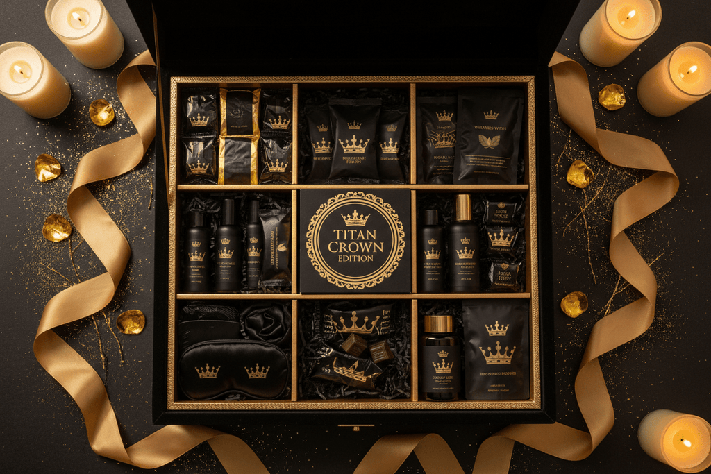 Black and gold wellness gift box with crown-branded skincare, sleep mask, and accessories, surrounded by gold ribbons.