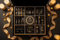Black and gold wellness gift box with crown-branded skincare, sleep mask, and accessories, surrounded by gold ribbons.