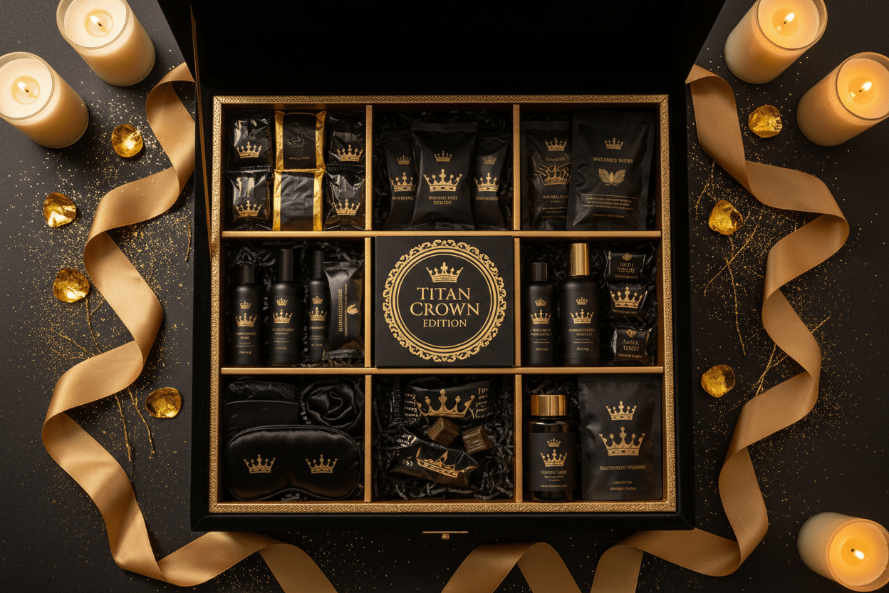 Black and gold wellness gift box with crown-branded skincare, sleep mask, and accessories, surrounded by gold ribbons.